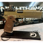 *S O L D*! Nighthawk Custom – Sand Hawk, Comp 9mm 17+1 5″- Double Stack High-Capacity Frame, Integrated and Hand Blended Single Port Compensator, Custom Cerakote Slide and Frame with Tan-Anodized Grip, All Black Nitride Small Parts, Solid 14K Gold Bead Front Sight, Heinie Ledge Black Rear Sight, Extra Wide Front and Rear Cocking Serrations, Full Length Recon Dust Cover, Lightweight Aluminum Flat Trigger, Match Grade 9mm Barrel, IOS Plate, Trijicon RMR installed *S O L D*! Nighthawk Custom – Sand Hawk, Comp 9mm 17+1 5″- Double Stack High-Capacity Frame, Integrated and Hand Blended Single Port Compensator, Custom Cerakote Slide and Frame with Tan-Anodized Grip, All Black Nitride Small Parts, Solid 14K Gold Bead Front Sight, Heinie Ledge Black Rear Sight, Extra Wide Front and Rear Cocking Serrations, Full Length Recon Dust Cover, Lightweight Aluminum Flat Trigger, Match Grade 9mm Barrel, IOS Plate, Trijicon RMR installed